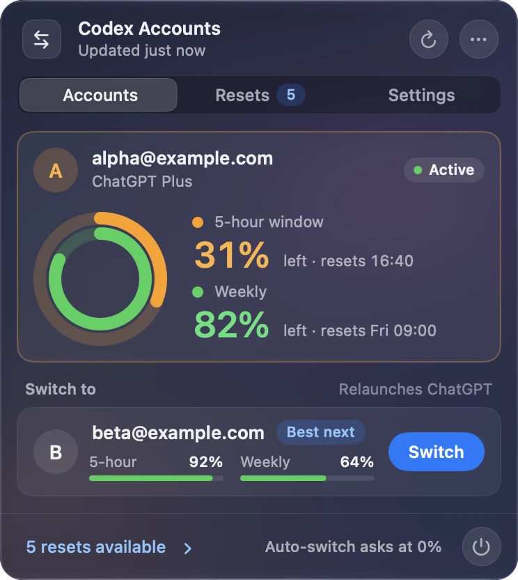 The Accounts tab: the active account with rings for its 5-hour and weekly limits, and a second account ready to switch to