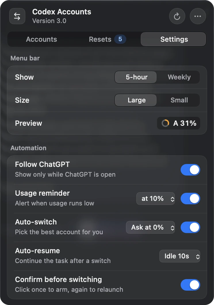 The Settings tab with menu bar options and automation switches