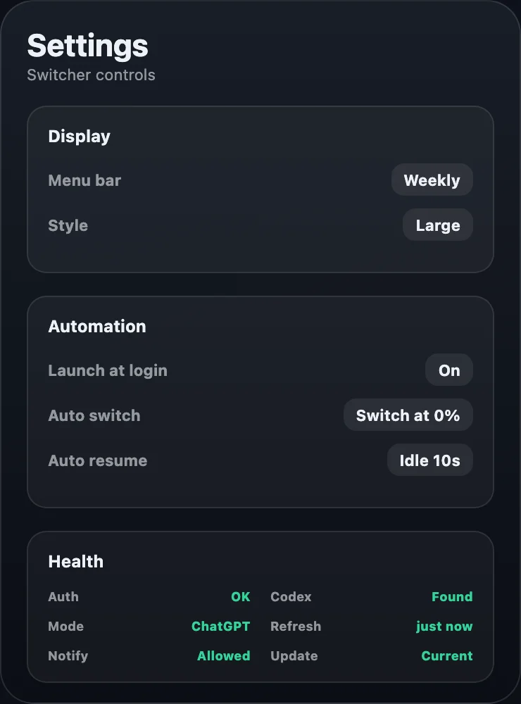 Switcher settings showing display, automation, and health controls