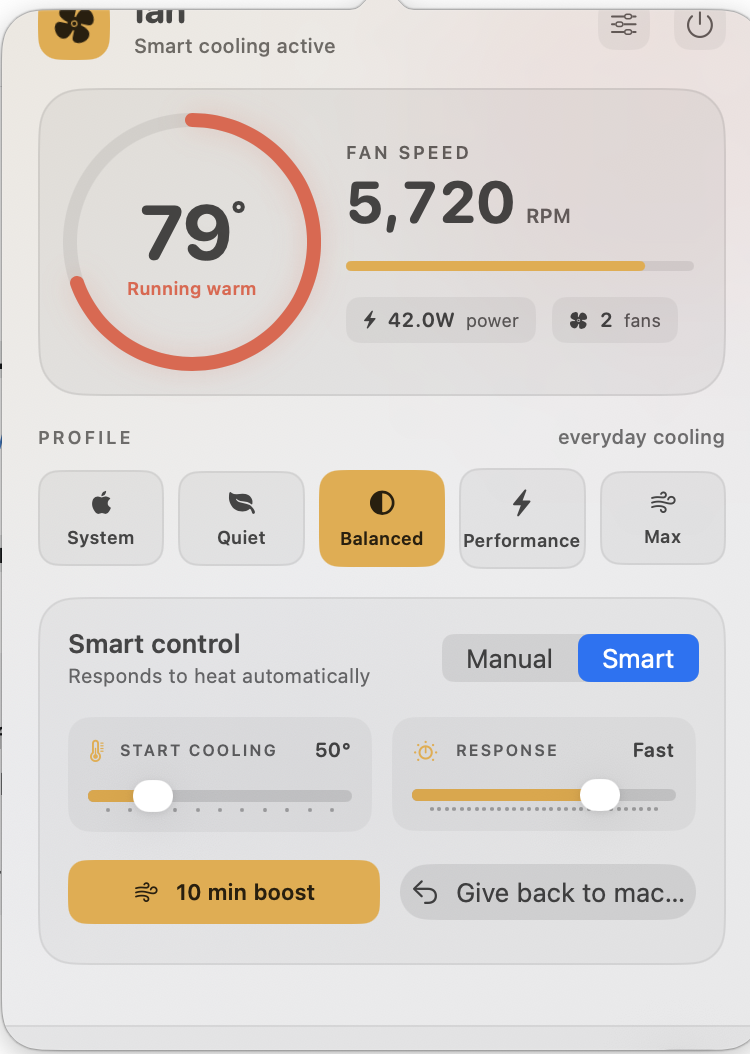 fan dashboard showing temperature, RPM, profiles, and Smart controls